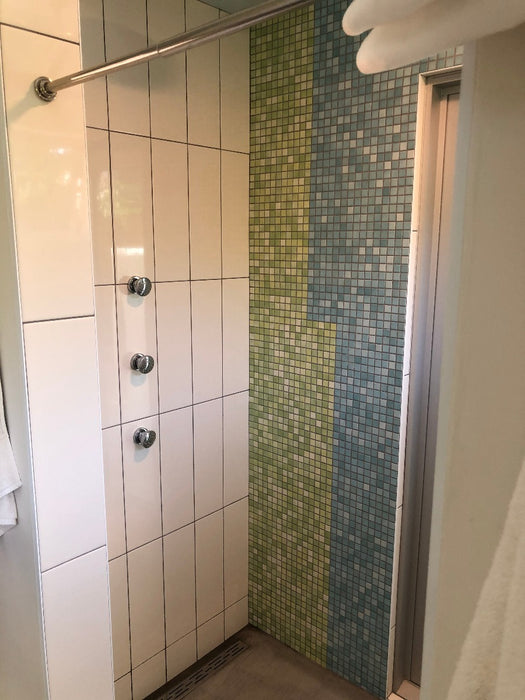 Modwalls Mediterranean Mosaic Porcelain Tile | Barcelona Blend Matte | Blue | Pictured installed in a bathroom | Colorful Modern & Midcentury tile for bathrooms, kitchens, backsplashes, showers, floors, pools & outdoors.