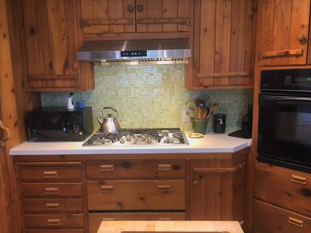Modwalls Mediterranean Mosaic Porcelain Tile | Provence Blend Gloss | Green | Pictured installed on a kitchen backsplash | Colorful Modern & Midcentury tile for bathrooms, kitchens, backsplashes, showers, floors, pools & outdoors.