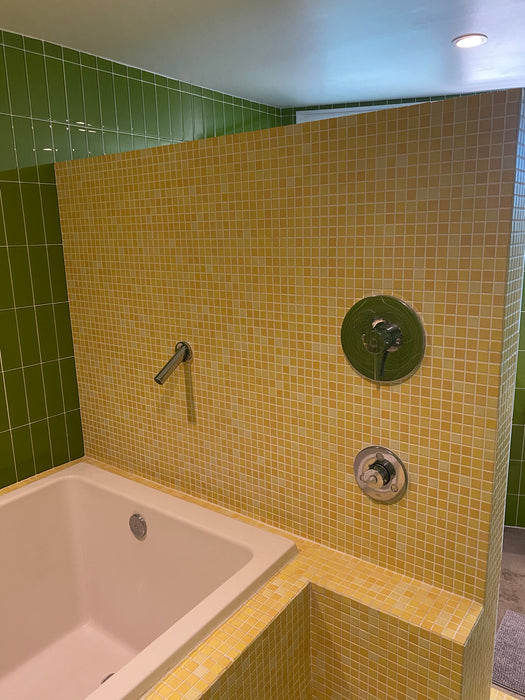 Modwalls Mediterranean Mosaic Porcelain Tile | Tangier Blend Matte | Yellow | Pictured installed in a bathtub surround | Colorful Modern & Midcentury tile for bathrooms, kitchens, backsplashes, showers, floors, pools & outdoors.