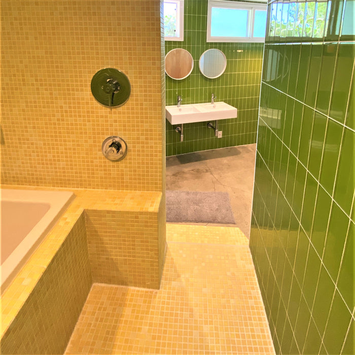 Modwalls Mediterranean Mosaic Porcelain Tile | Tangier Blend Matte | Yellow | Pictured installed in a bathtub surround | Colorful Modern & Midcentury tile for bathrooms, kitchens, backsplashes, showers, floors, pools & outdoors.