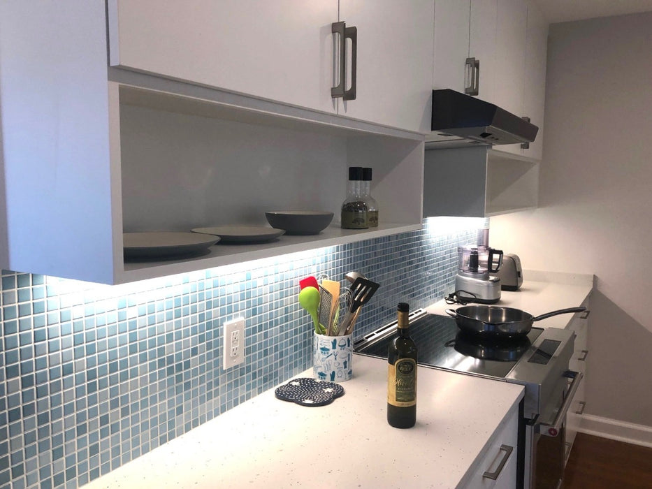 Modwalls Mediterranean Mosaic Porcelain Tile | Palermo Blend Gloss | Blue | Pictured installed on a kitchen backsplash | Colorful Modern & Midcentury tile for bathrooms, kitchens, backsplashes, showers, floors, pools & outdoors.