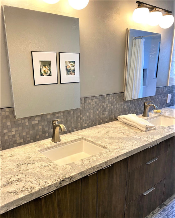 Modwalls Mediterranean Mosaic Porcelain Tile | Milano Blend Gloss | Gray | Pictured installed on a bathroom backsplash | Colorful Modern & Midcentury tile for bathrooms, kitchens, backsplashes, showers, floors, pools & outdoors.