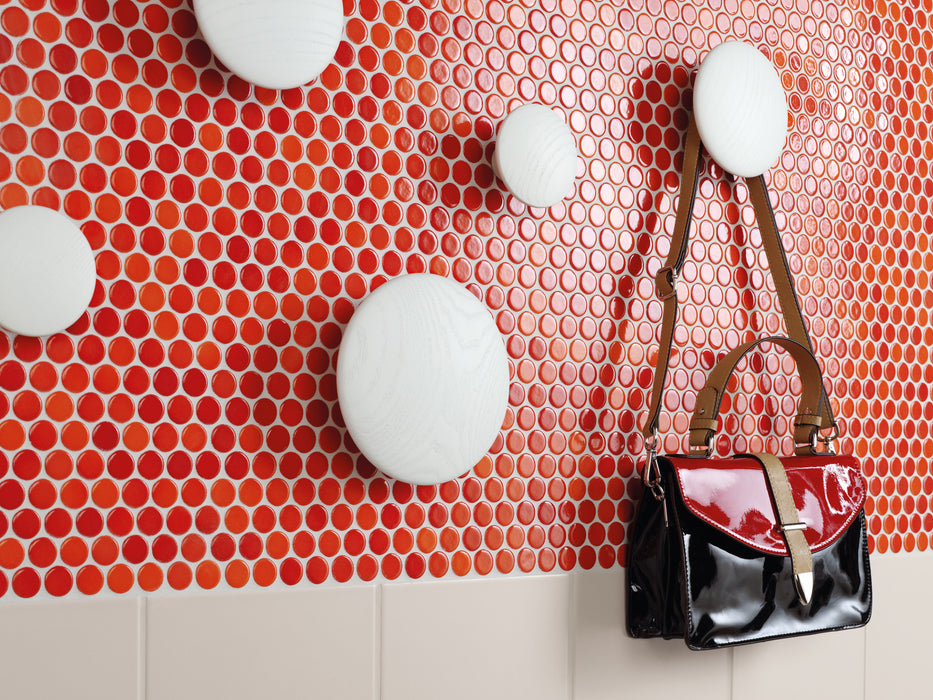 Modwalls PopDotz Porcelain Penny Round Tile | 1" Gloss | Cinnamon Blend | Red | Pictured installed on a feature wall | Colorful Modern & Midcentury tile for bathrooms, kitchens, backsplashes, showers, floors, pools & outdoors.