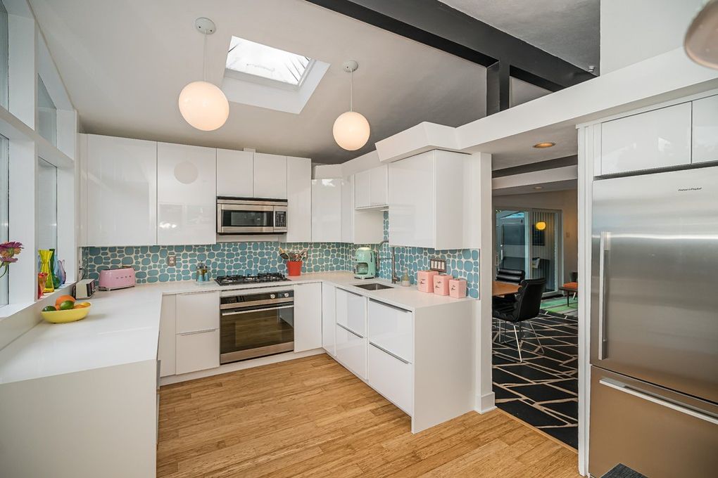 Modwalls Rex Ray Studio Rox Ceramic Tile | Comet | Blue | Installed on a kitchen backsplash | Colorful Modern & Midcentury tile for interior walls, bathrooms, kitchens, backsplashes, showers.