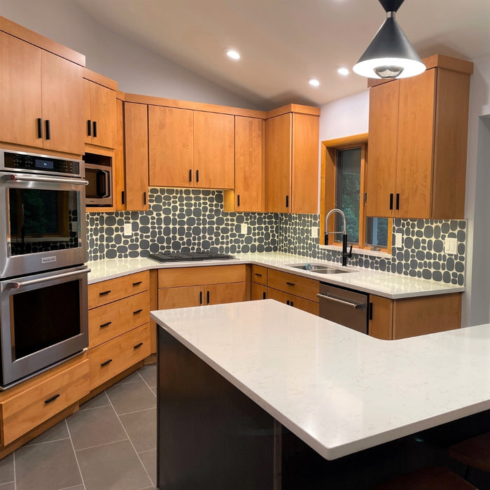 Modwalls Rex Ray Studio Rox Ceramic Tile | Eclipse | Black | Pictured installed on a kitchen backsplash | Colorful Modern & Midcentury tile for interior walls, bathrooms, kitchens, backsplashes, showers.