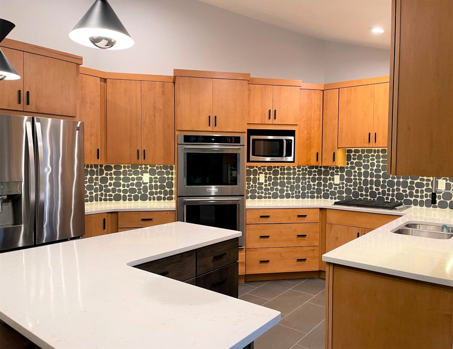 Modwalls Rex Ray Studio Rox Ceramic Tile | Eclipse | Black | Pictured installed on a kitchen backsplash | Colorful Modern & Midcentury tile for interior walls, bathrooms, kitchens, backsplashes, showers.
