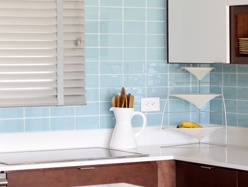 Modwalls Lush Glass Subway Tile | 3x6 in Vapor | Blue | Pictured installed on a kitchen backsplash | Colorful Modern glass tile for bathrooms, showers, kitchen, backsplashes, pools & outdoors.