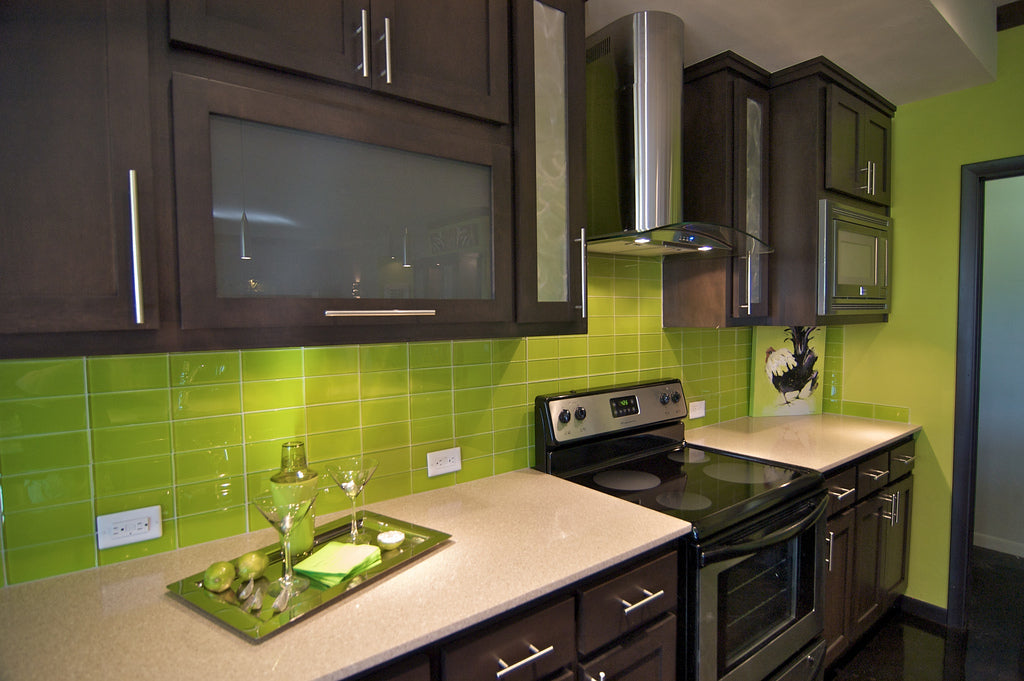 Modwalls Lush Glass Subway Tile | 3x6 in Lemongrass | Green | Pictured installed on a kitchen backsplash | Colorful Modern glass tile for bathrooms, showers, kitchen, backsplashes, pools & outdoors.
