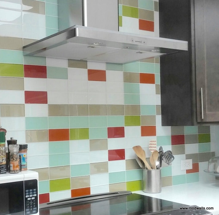 Modwalls Lush Glass Subway Tile | 3x6 in Cloud | White | Pictured installed on a kitchen backsplash | Colorful Modern glass tile for bathrooms, showers, kitchen, backsplashes, pools & outdoors.