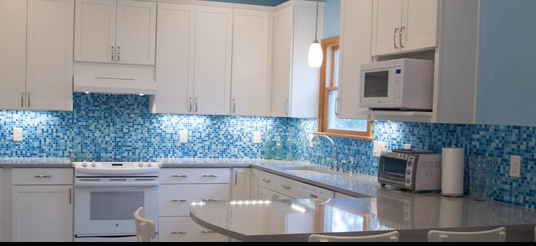 Modwalls Brio Glass Mosaic Tile | Cool Pool Blend | Pictured on a kitchen backsplash | Colorful Modern & Midcentury glass tile for kitchens, bathrooms, backsplashes, showers, pools & outdoors.