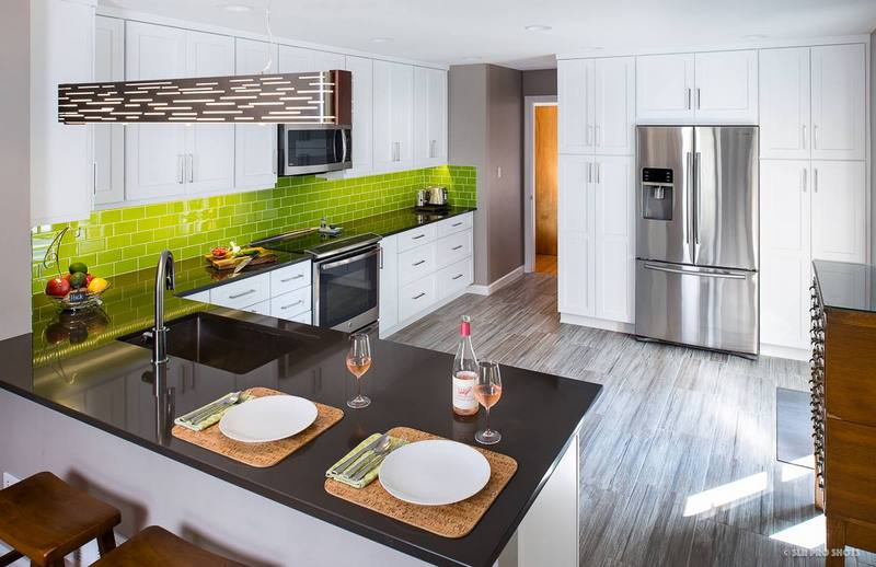 Modwalls Lush Glass Subway Tile | 3x6 in Lemongrass | Green | Pictured installed on a kitchen backsplash | Colorful Modern glass tile for bathrooms, showers, kitchen, backsplashes, pools & outdoors.
