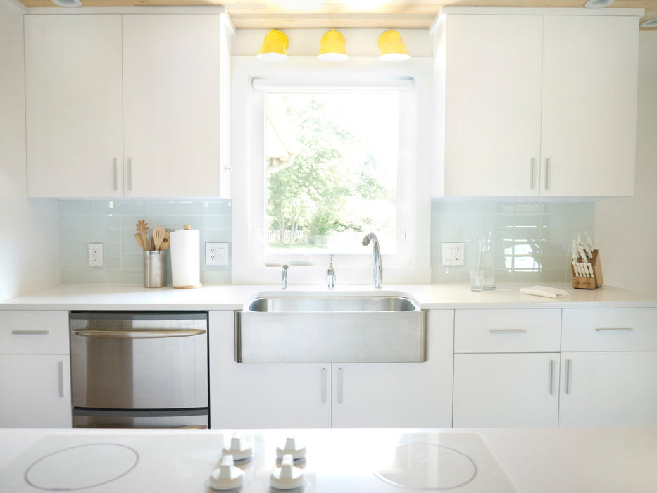 Modwalls Lush Glass Subway Tile | 3x6 in Cloud | White | Pictured installed on a kitchen backsplash | Colorful Modern glass tile for bathrooms, showers, kitchen, backsplashes, pools & outdoors.