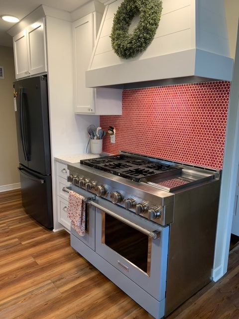 Modwalls PopDotz Porcelain Penny Round Tile | 1" Gloss | Cinnamon Blend | Pictured installed on a backsplash | Colorful Modern & Midcentury tile for bathrooms, kitchens, backsplashes, showers, floors, pools & outdoors.