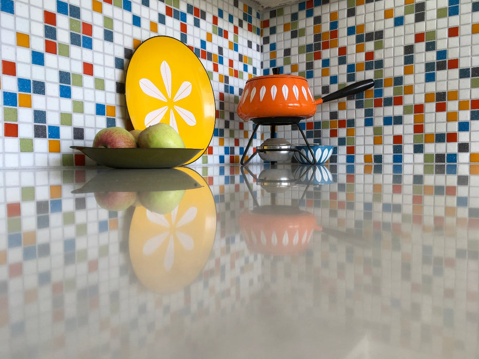 Modwalls Brio Glass Mosaic Tile | Logo Blend | Pictured on a kitchen backsplash | Colorful Modern & Midcentury glass tile for kitchens, bathrooms, backsplashes, showers, pools & outdoors.