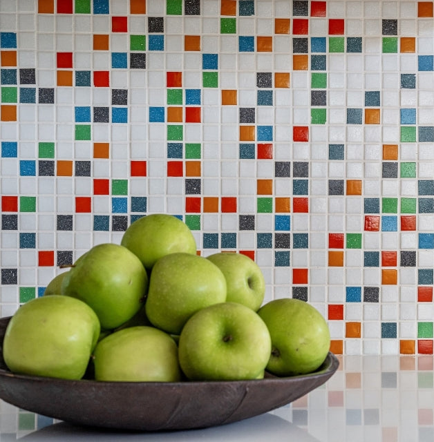 Brio Glass Mosaic Tile | Logo Blend : 3/4" textured glass tile for backsplash, kitchen, shower, bathroom, outdoor and pool. Available in our own color mixes, single colors or custom color mixes. Colors include blue, green, purple, yellow, orange, red, pink, teal, gray, black and white.