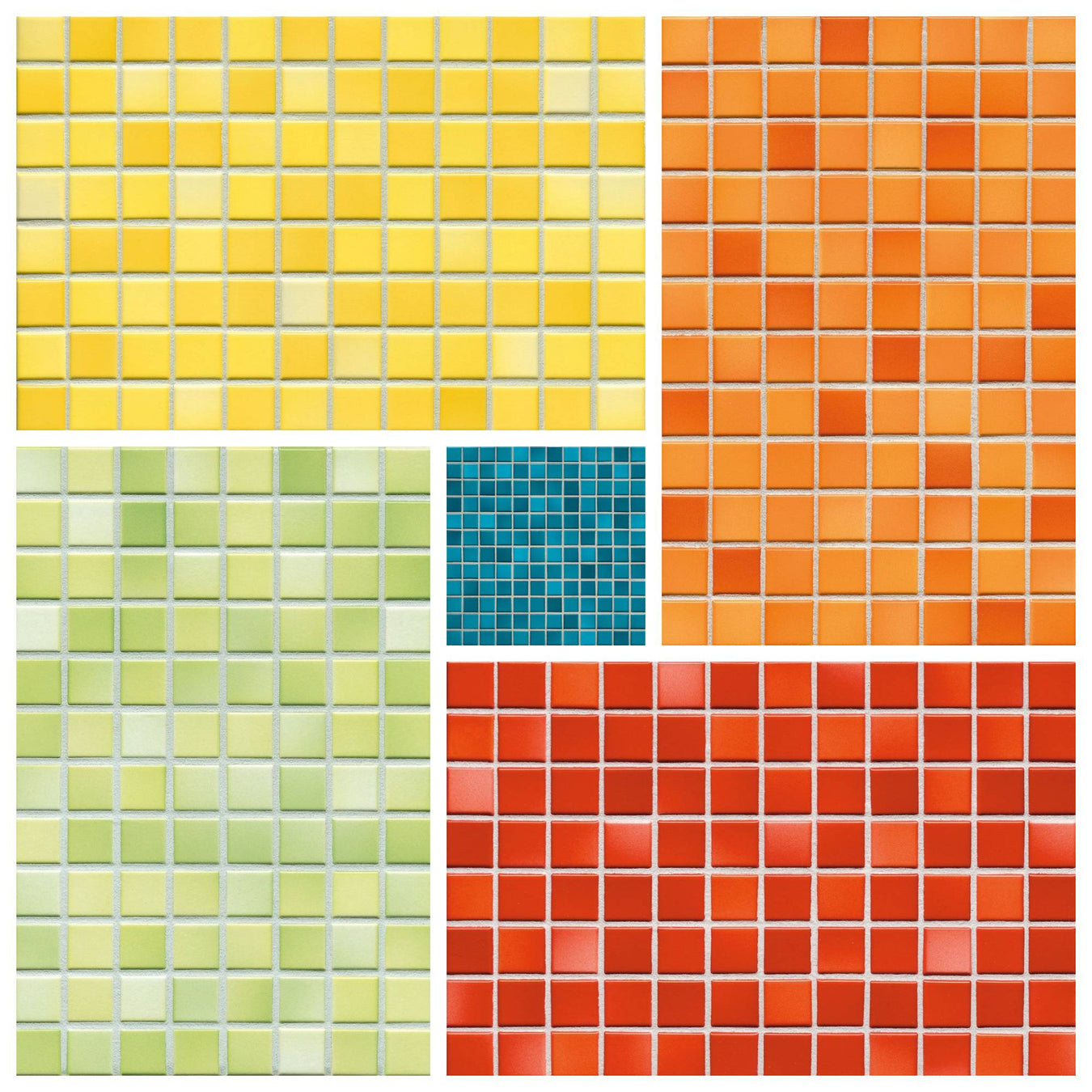 Mediterranean Mosaic porcelain ceramic tile updates classic midcentury style with modern colors and finishes. This collection features bright, colorful mosaic 1 inch tile for backsplash, kitchen, shower, bathroom, outdoor and pool. Matte finish options have anti-slip coating. Blue, green, yellow, orange, red, gray, black and white.