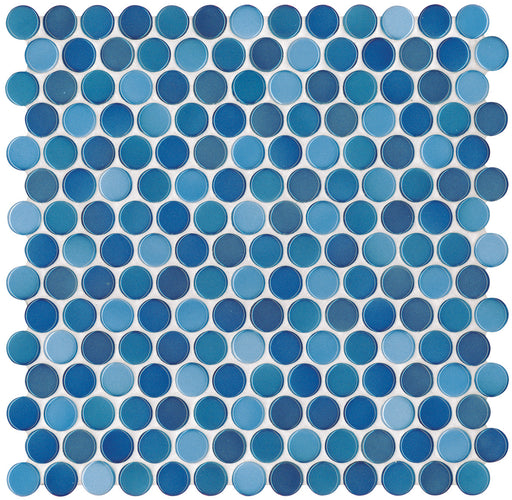 Modwalls PopDotz Porcelain Penny Round Tile | Berry Blue | Colorful Modern & Midcentury tile for bathrooms, kitchens, backsplashes, showers, floors, pools & outdoors. 