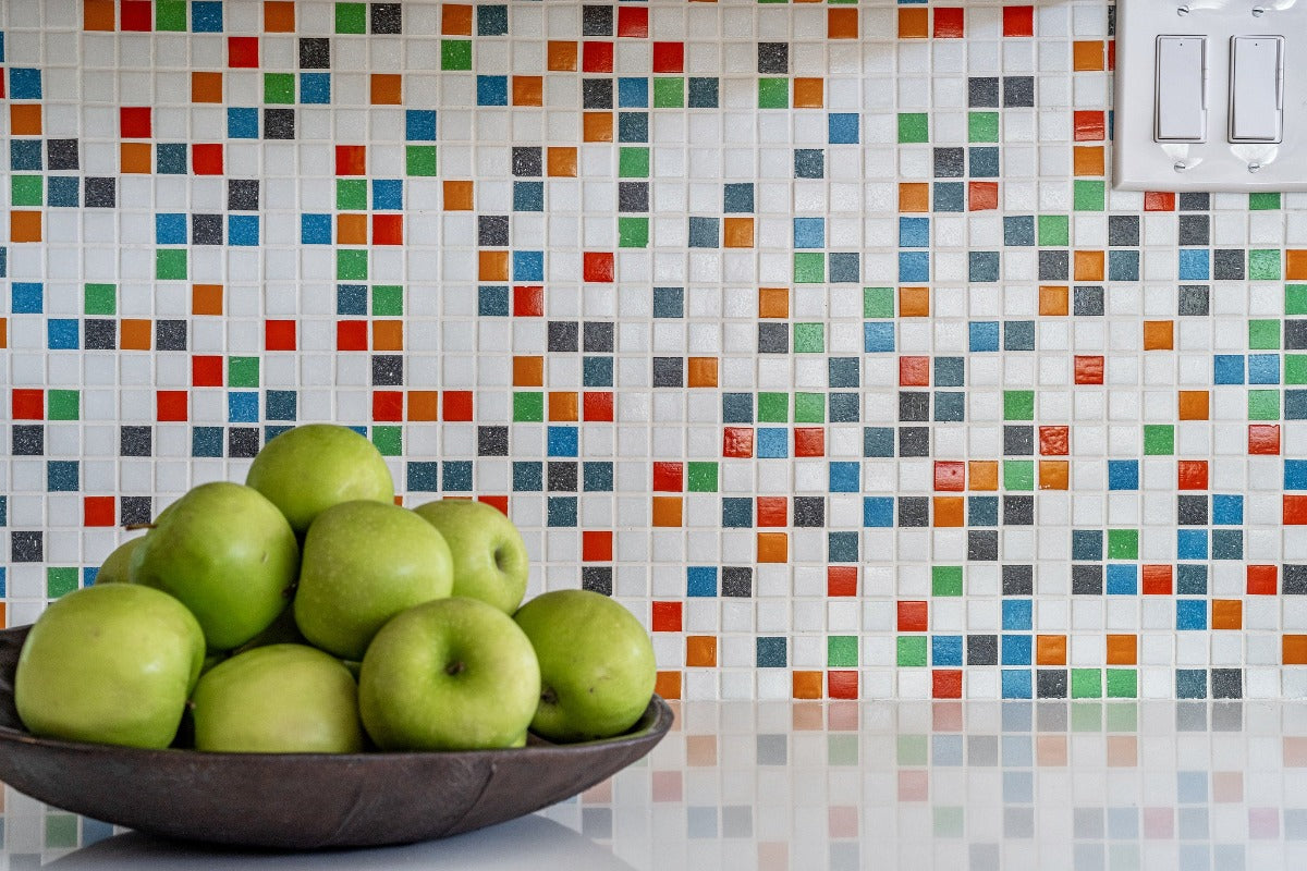 Modwalls Brio Glass Mosaic Tile | Logo Blend | Colorful Modern & Midcentury glass tile for kitchens, bathrooms, backsplashes, showers, floors, pools & outdoors. 