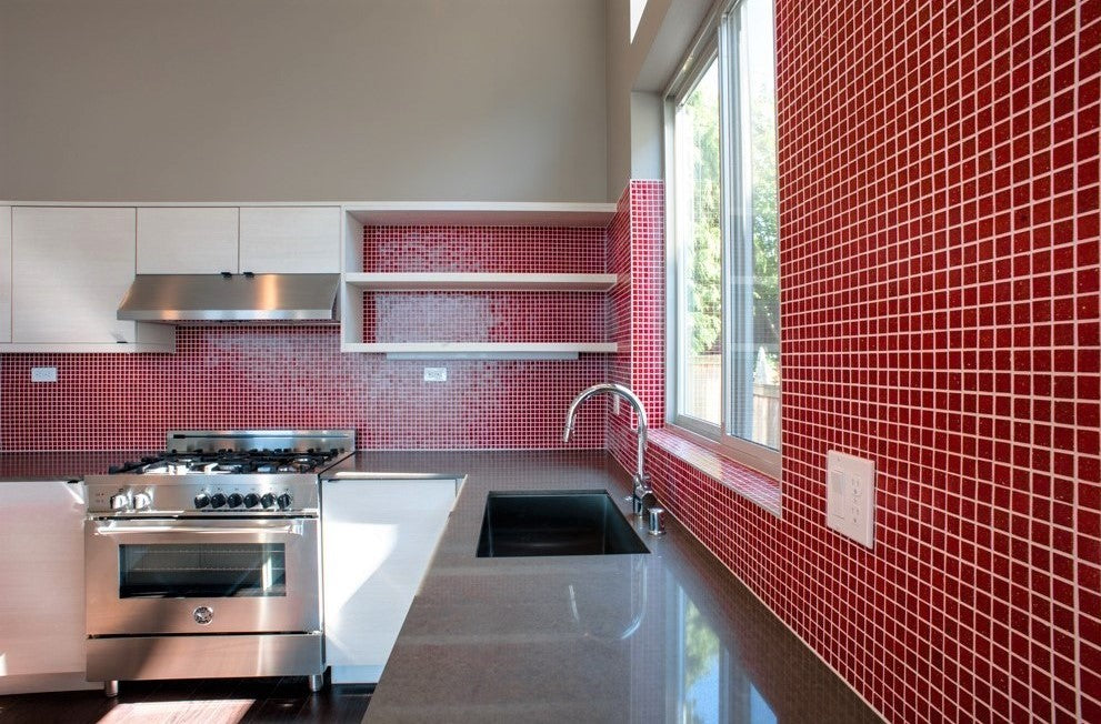 Modwalls Brio Glass Mosaic Tile | Paprika Red | Colorful Modern & Midcentury glass tile for kitchens, bathrooms, backsplashes, showers, floors, pools & outdoors. 