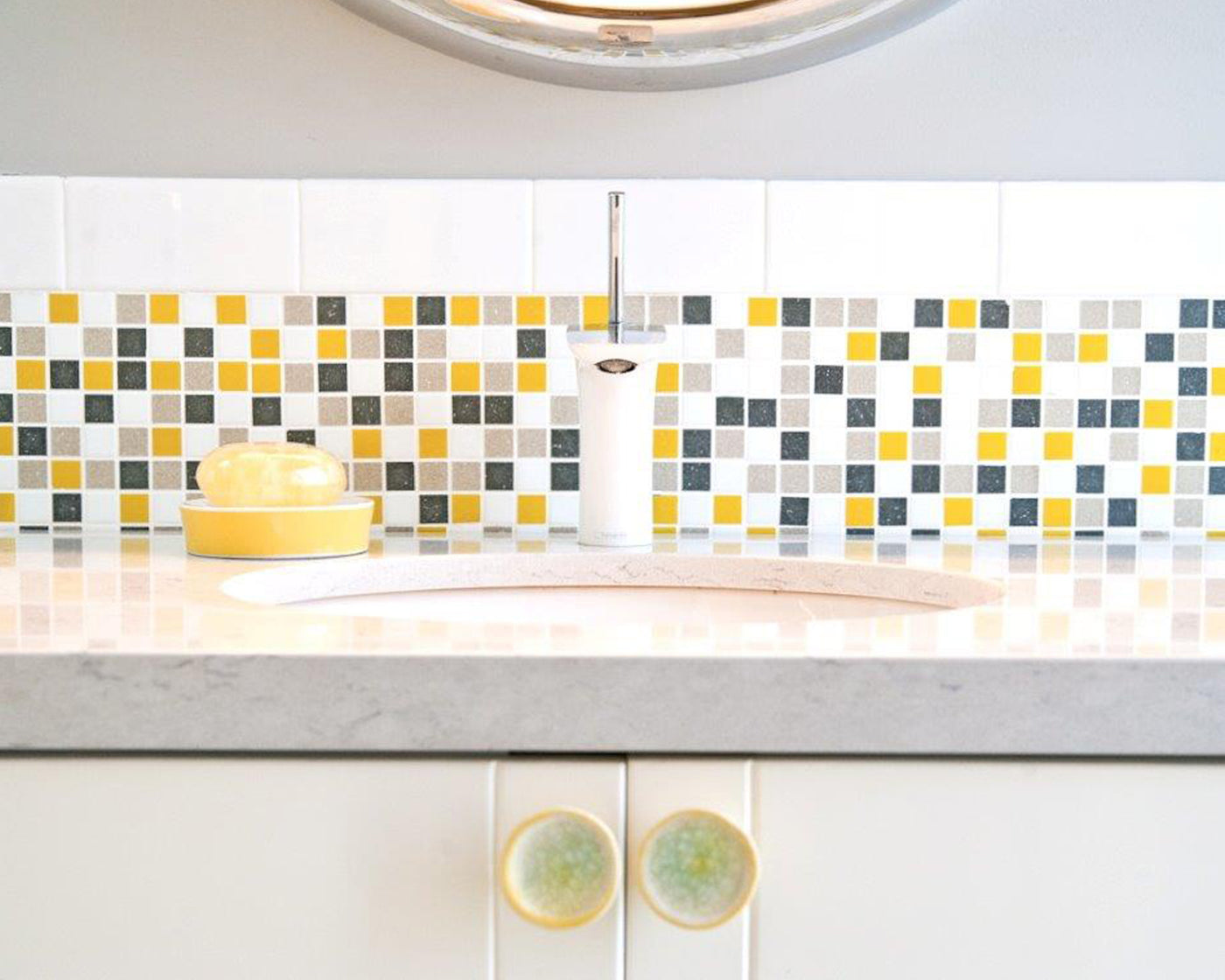Brio Glass Mosaic Tile | City Sunshine Blend | This Colorful Midcentury Modern tile is perfect for bathrooms, Backsplashes, Kitchens, Pools & Floors and is customizable in 36 colors