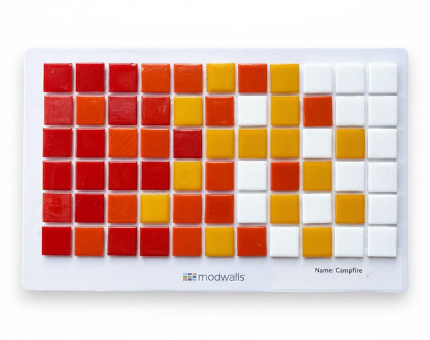 Modwalls Brio Glass Mosaic Gradient Tile Sample | Campfire Gradient tile mounted on a white board |Red to white gradient | Gradient Colorful Modern & Midcentury glass tile for kitchens, bathrooms, backsplashes, showers, pools & outdoors. 