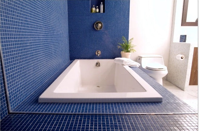 Brio Glass Mosaic Tile Spa bathroom in cobalt blue - use brio for backsplash, floors & wall tile. 