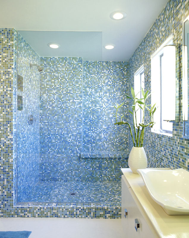Brio Glass Mosaic Tile | Custom Blend | This Midcentury and Modern tile is perfect for bathrooms, Backsplashes, Kitchens, Pools & Floors and is customizable in 36 colors