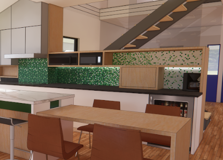 Modern kitchen with wooden floor and green backsplash