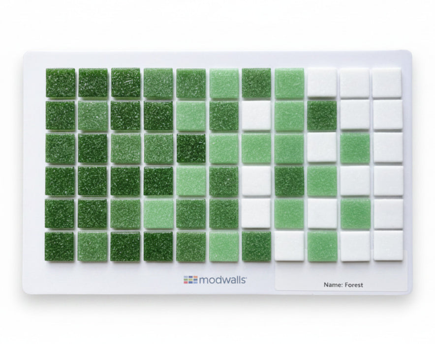 Modwalls Brio Glass Mosaic Gradient Tile Sample | Forest Gradient | Dark green to white gradient |  Tile is photographed mounted on a white board |  Colorful Modern & Midcentury glass tile for kitchens, bathrooms, backsplashes, showers, pools & outdoors. 