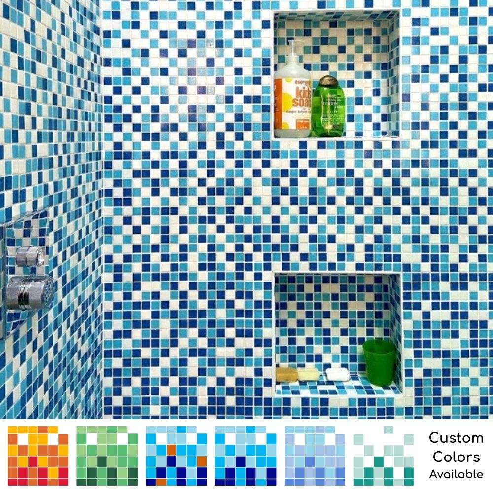 Brio Glass Mosaic Tile Gradients | 8' glass mosaic tile gradients in four colors. We have a variety of color options available or you can create your own custom gradient using our 36 color midcentury modern palette. Suitable for kitchens, bathrooms, outdoor applications, showers, backsplashes and pool areas.