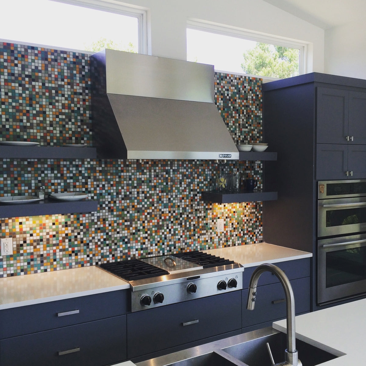 Brio Glass Mosaic Tile | Highlands Blend | This Colorful Midcentury Modern tile is perfect for bathrooms, Backsplashes, Kitchens, Pools & Floors and is customizable in 36 colors