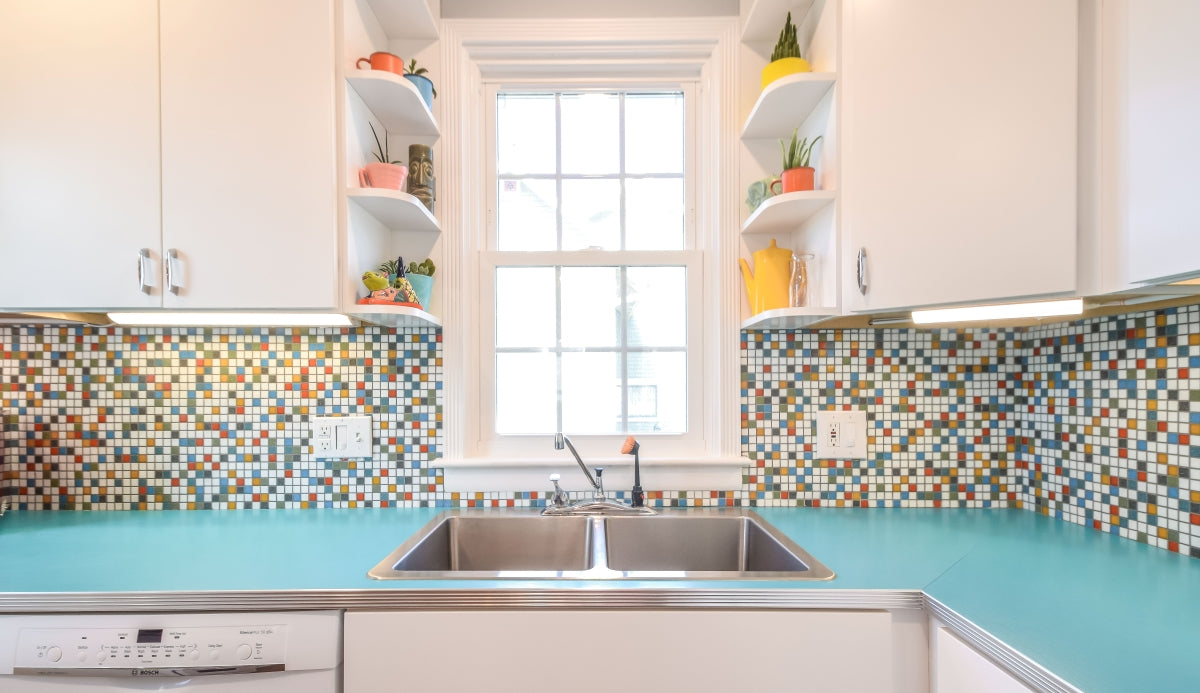 Brio Glass Mosaic Tile | Logo Blend | This Midcentury and Modern tile is perfect for bathrooms, Backsplashes, Kitchens, Pools & Floors and is customizable in 36 colors