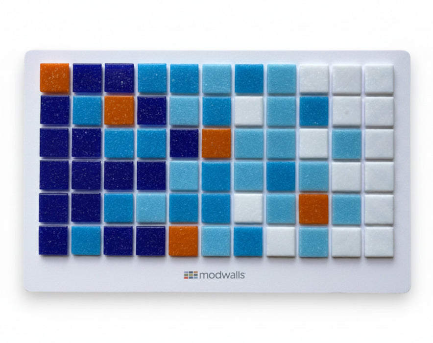 Modwalls Brio Glass Mosaic Gradient Tile Sample | Summertime Gradient | Dark blue to white gradient with orange throughout | Colorful Modern & Midcentury glass tile for kitchens, bathrooms, backsplashes, showers, pools & outdoors. 