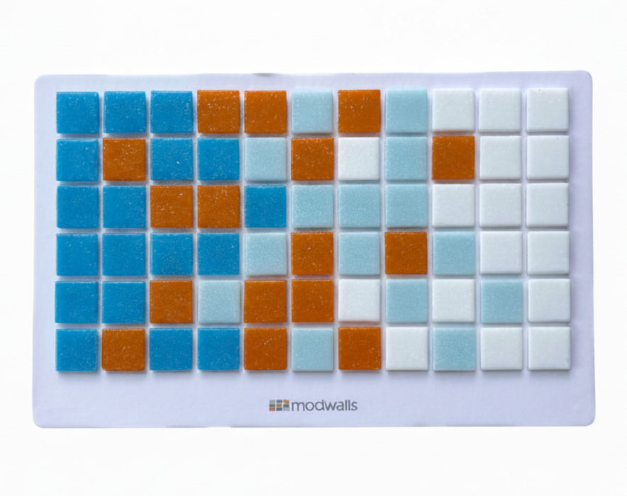 Modwalls Brio Glass Mosaic Gradient Tile Sample | Sunset Beach Gradient | Blue to white with orange throughout | Gradient Colorful Modern & Midcentury glass tile for kitchens, bathrooms, backsplashes, showers, pools & outdoors. 