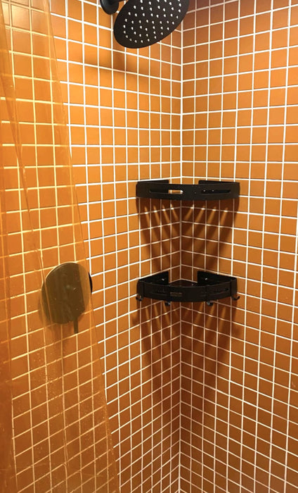 Modwalls ColorBlock 2 Porcelain Tile | Marmalade | Orange | Pictured on the walls of a shower | Colorful Modern & Midcentury tile for bathrooms, kitchens, backsplashes, showers, floors, pools & outdoors. 
