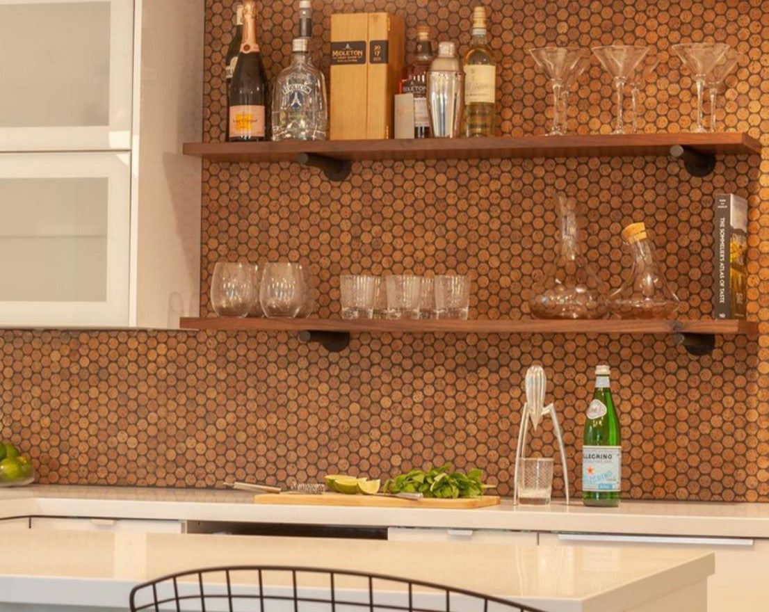CorkDotz cork tile. Inspired by midcentury modern penny round tile and updated with eco-friendly recycled material.