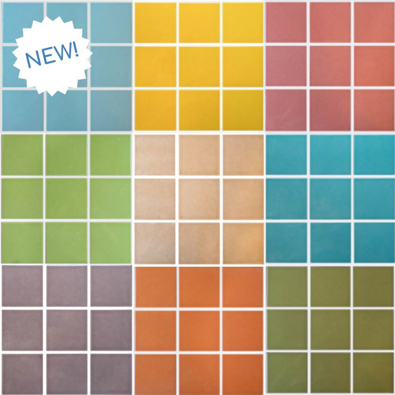 Element 4 inch porcelain tile in blue, green, teal, yellow, orange, red, neutral colors. Suitable for indoor, outdoor, backsplash, bathroom, shower and floor.