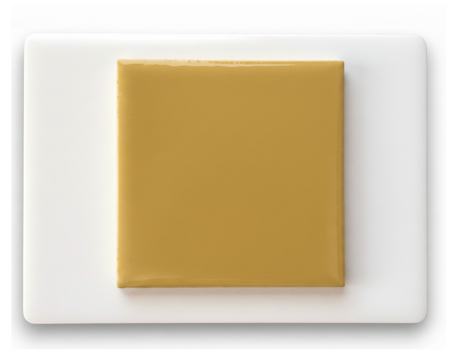 Modwalls Element Porcelain Tile Sample | Honeybee yellow | Pictured mounted on white board | 4x4 gloss | Colorful modern tile suitable for indoor, outdoor, floor, wall, wet or dry. This tile is perfect for backsplashes, kitchens, bathrooms, showers, feature areas and commercial projects.