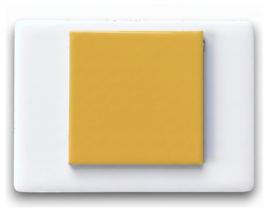 Modwalls Element Porcelain Tile Sample | Marigold yellow | Pictured mounted on white board | 4x4 gloss | Colorful modern tile suitable for indoor, outdoor, floor, wall, wet or dry. This tile is perfect for backsplashes, kitchens, bathrooms, showers, feature areas and commercial projects.