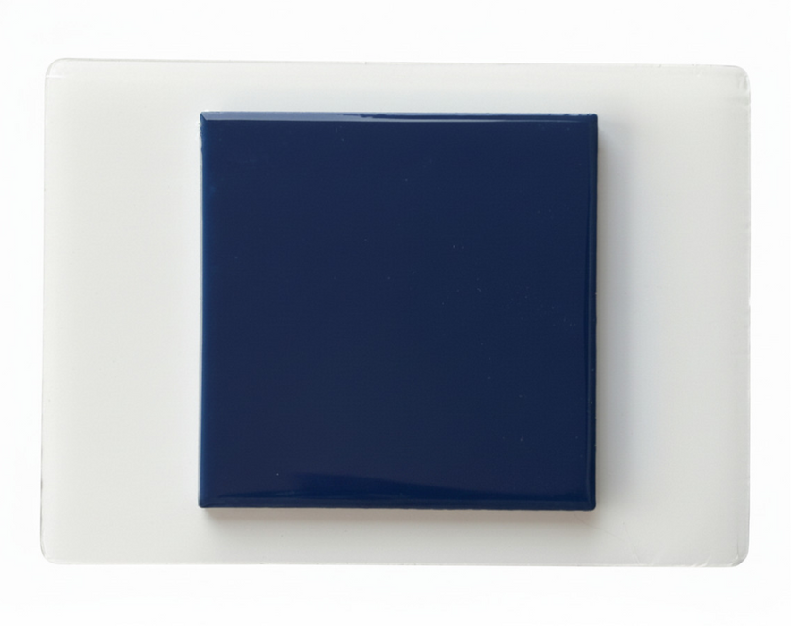 Modwalls Element Porcelain Tile Sample | Moroccan Blue |Pictured mounted on white board | 4x4 gloss | Colorful modern tile suitable for indoor, outdoor, floor, wall, wet or dry. This tile is perfect for backsplashes, kitchens, bathrooms, showers, feature areas and commercial projects.