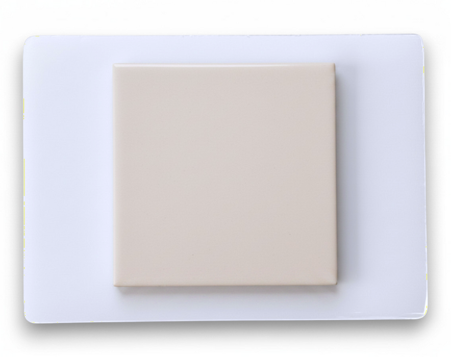 Modwalls Element Porcelain Tile Sample | Rice white |Pictured mounted on white board | 4x4 gloss | Colorful modern tile suitable for indoor, outdoor, floor, wall, wet or dry. This tile is perfect for backsplashes, kitchens, bathrooms, showers, feature areas and commercial projects.