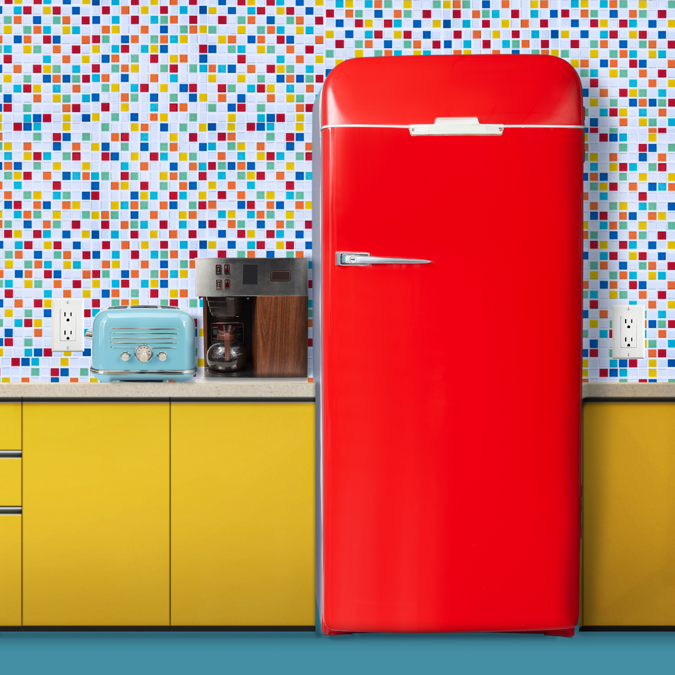 Modwalls Vita Blend Mid-century and Retro Patterns | Fruit Punch | White, yellow orange, mint green, light blue, dark blue, and red blend | 1x1 gloss mosaic porcelain blends | Pictured with white grout in a kitchen | Choose your pattern colors from 58 color choices. This image depicts a diagram of the colors of the custom pattern. Colorful tile suitable for indoor, outdoor, floor, wall, wet or dry. This tile is perfect for backsplashes, kitchens, bathrooms, showers, feature areas and commercial projects.