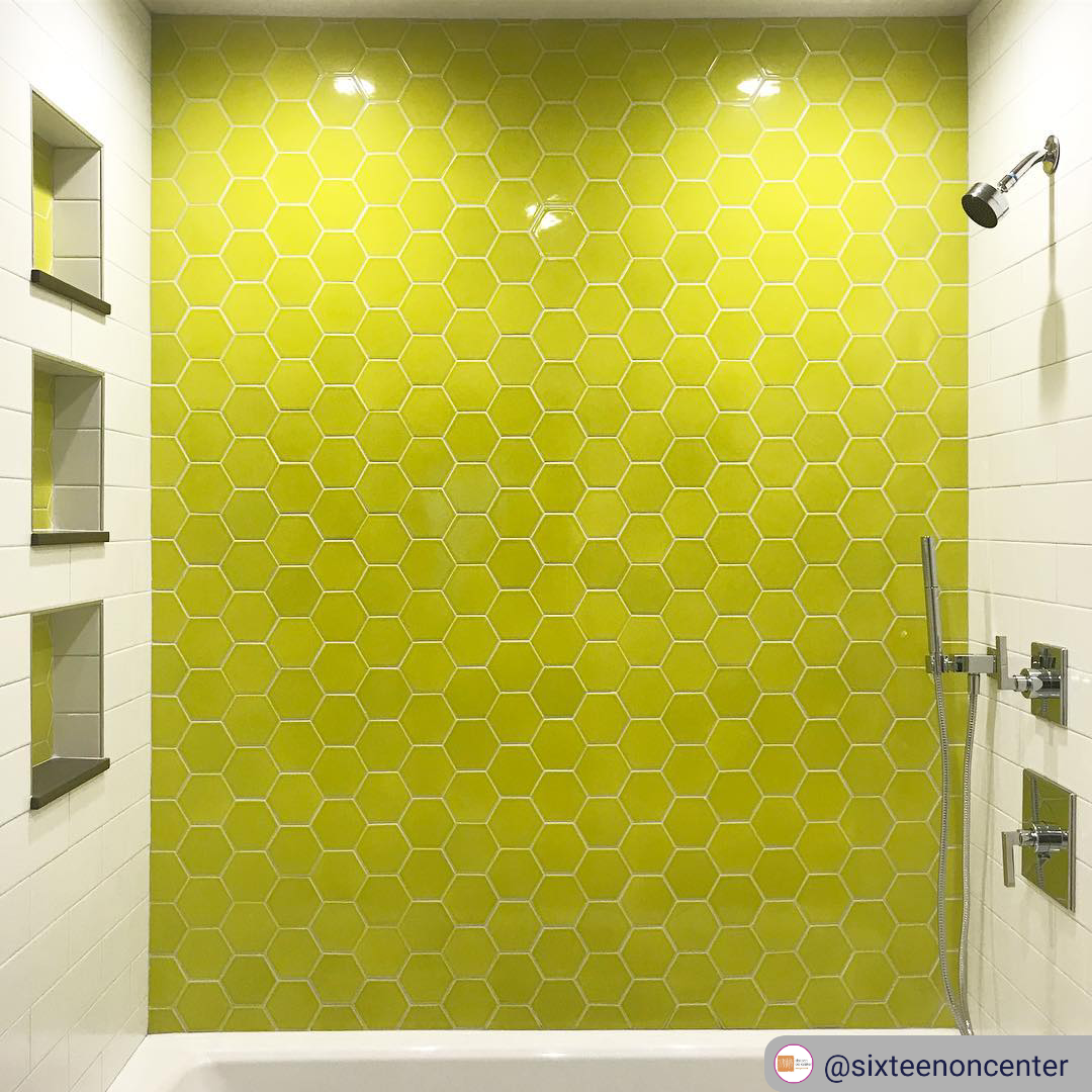 Modwalls Kiln Handmade Ceramic Tile | Hexagon in Chartreuse Green | Modern tile for backsplashes, kitchens, bathrooms, showers & feature areas. 