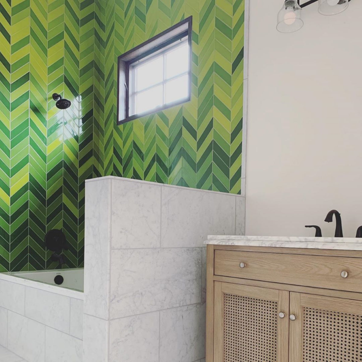 Modwalls Kiln Handmade Ceramic Tile | Chevron in Green Mix | Modern tile for backsplashes, kitchens, bathrooms, showers & feature areas. 