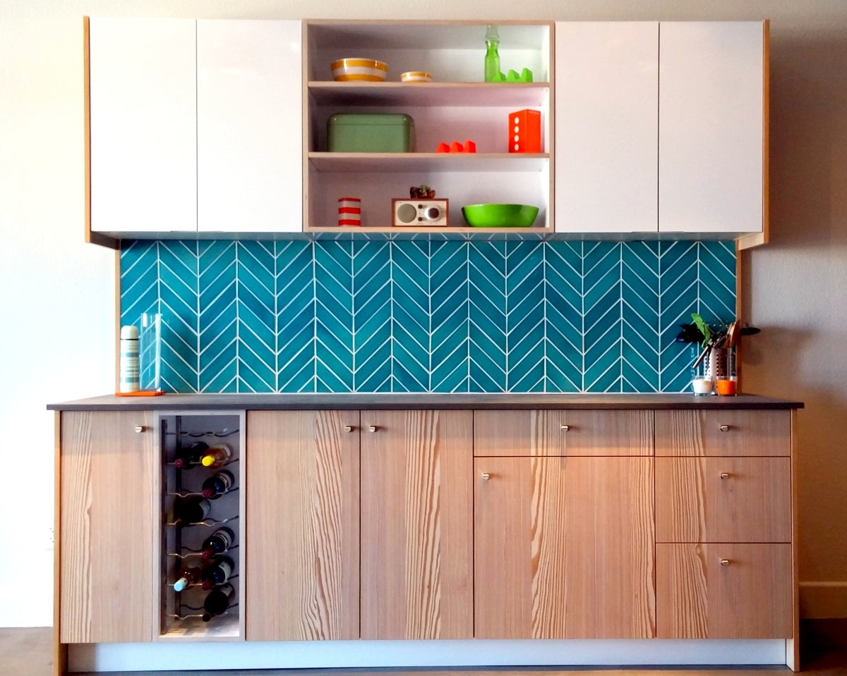 Modwalls Kiln Handmade Ceramic Tile | Chevron in Teal Agate | Colorful Modern tile for backsplashes, kitchens, bathrooms, showers & feature areas. 