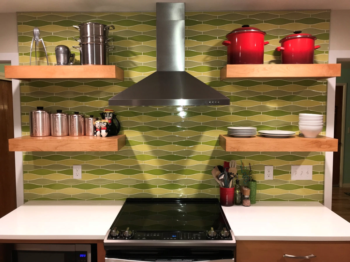 Modwalls Kiln Handmade Ceramic Tile | Minnow in Multicolor Greens | Colorful Modern tile for backsplashes, kitchens, bathrooms, showers & feature areas. 