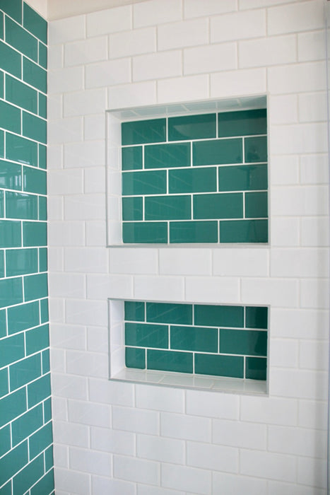 Modwalls Lush Glass Subway Tile | 3x6 in Peacock| Colorful Modern glass tile for bathrooms, showers, kitchen, backsplashes, pools & outdoors. 