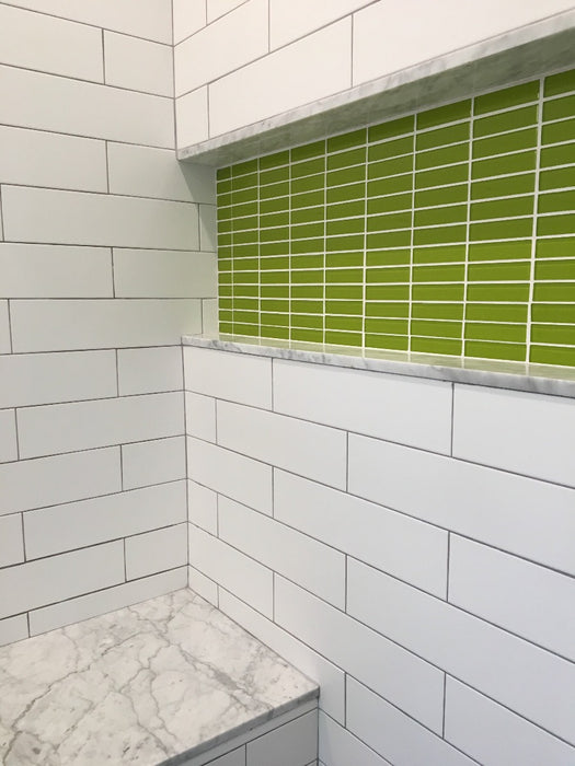 Modwalls Lush Glass Subway Tile | 1x4 in Lemongrass | Colorful Modern glass tile for bathrooms, showers, kitchen, backsplashes, pools & outdoors. 
