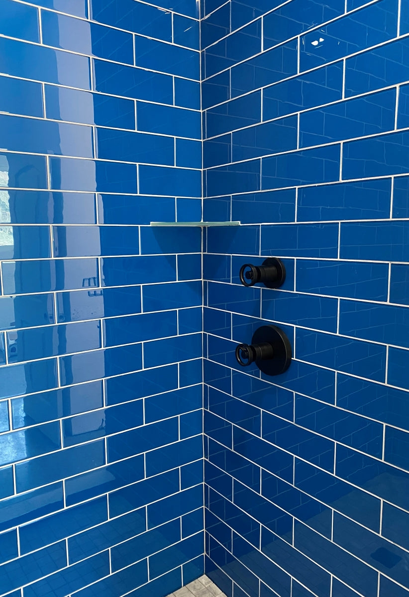 Modwalls Lush Glass Subway Tile | 3x6 in True Blue | Colorful Modern glass tile for bathrooms, showers, kitchen, backsplashes, pools & outdoors. 