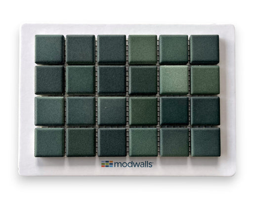 Modwalls Mediterranean Mosaic Porcelain Tile Sample | Montenegro Blend Matte | Green |  Colorful Modern & Midcentury tile for bathrooms, kitchens, backsplashes, showers, floors, pools & outdoors.Modwalls Mediterranean Mosaic Porcelain Tile Sample | Cannes Blend Gloss | Blue |  Colorful Modern & Midcentury tile for bathrooms, kitchens, backsplashes, showers, floors, pools & outdoors.